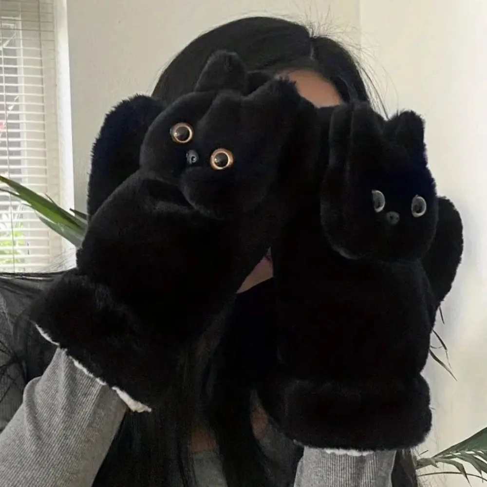 NWT! Gorgeous Ebony Black Silky and Furry Black Cat Mittens for Adults!